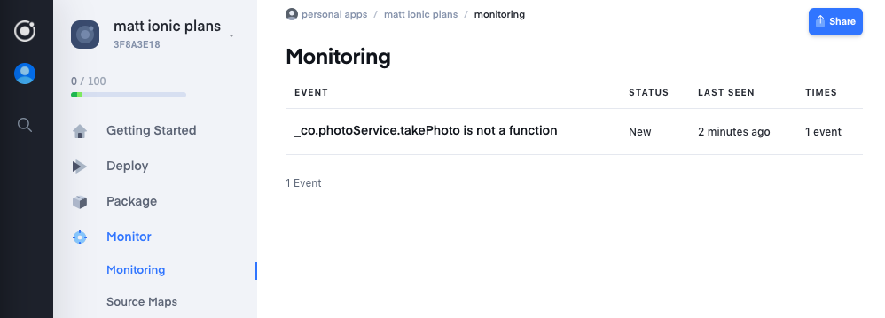 An event showing error &#39;takePhoto is not a function&#39; with status &#39;New&#39;.